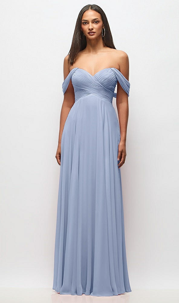 Front View - Sky Blue Off-the-Shoulder Draped Chiffon Maxi Dress