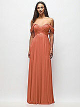 Front View Thumbnail - Terracotta Copper Off-the-Shoulder Draped Chiffon Maxi Dress