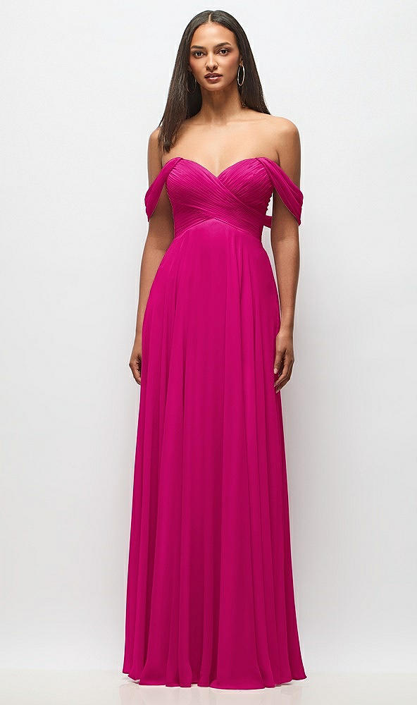 Front View - Think Pink Off-the-Shoulder Draped Chiffon Maxi Dress