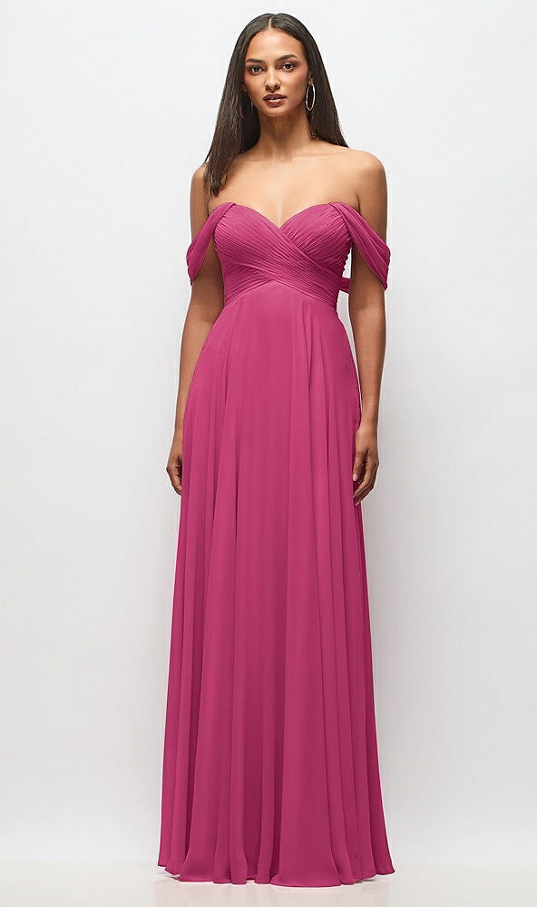 Front View - Tea Rose Off-the-Shoulder Draped Chiffon Maxi Dress