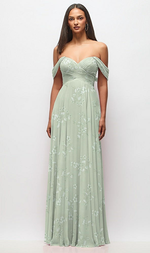Front View - Vintage Primrose Sage Off-the-Shoulder Draped Chiffon Maxi Dress