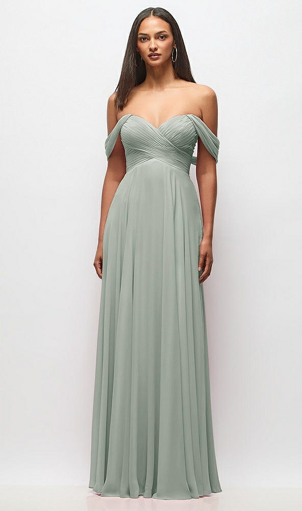 Front View - Willow Green Off-the-Shoulder Draped Chiffon Maxi Dress