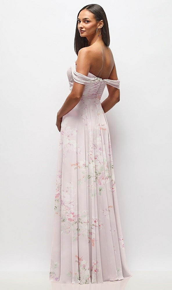 Back View - Watercolor Print Off-the-Shoulder Draped Chiffon Maxi Dress