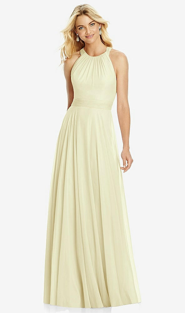 Front View - Butter Yellow Cross Strap Open-Back Halter Maxi Dress