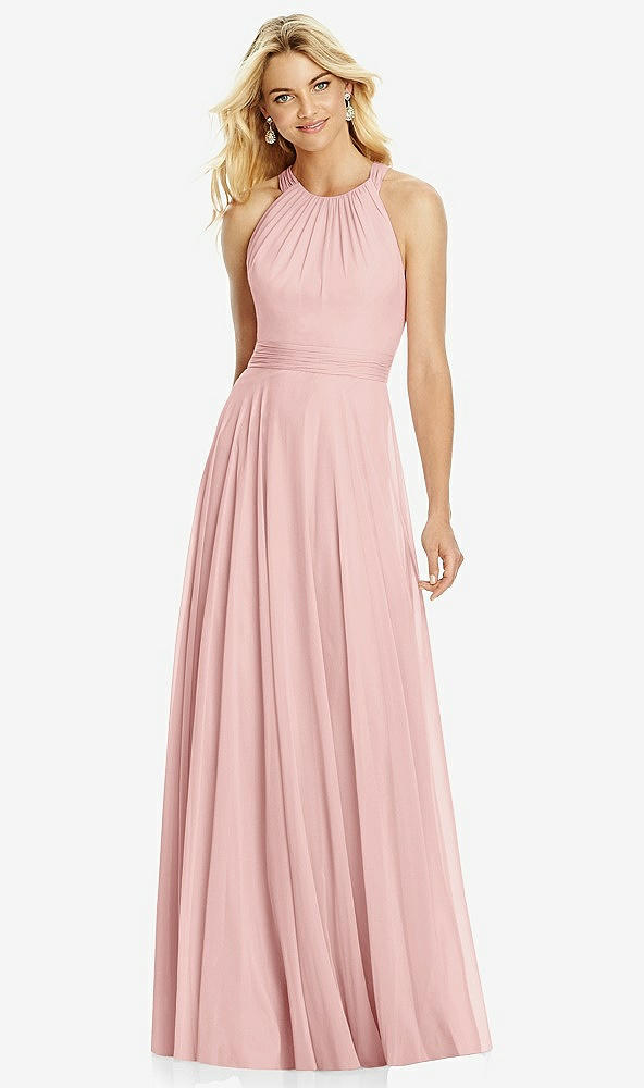 Front View - Rose Cross Strap Open-Back Halter Maxi Dress