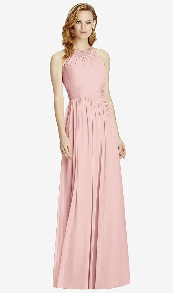Front View - Rose Cutout Open-Back Shirred Halter Maxi Dress