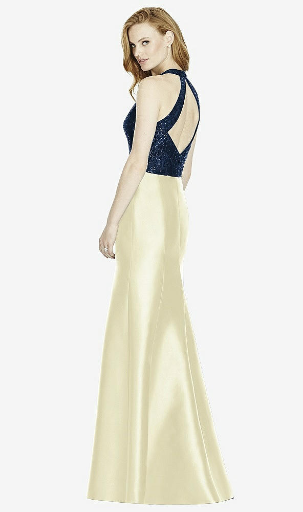 Back View - Butter Yellow & Midnight Navy Studio Design Collection 4514 Full Length Halter V-Neck Bridesmaid Dress