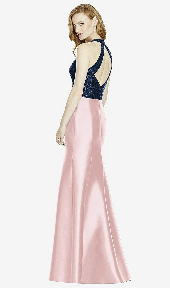 Back View - Ballet Pink & Midnight Navy Studio Design Collection 4514 Full Length Halter V-Neck Bridesmaid Dress