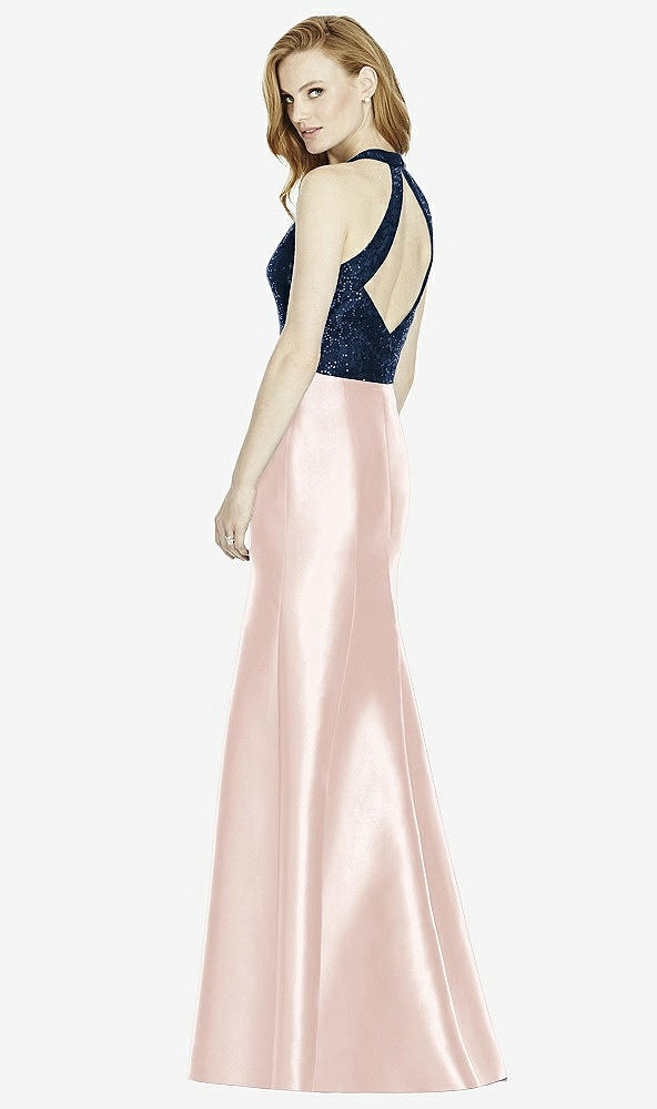 Back View - Blush & Midnight Navy Studio Design Collection 4514 Full Length Halter V-Neck Bridesmaid Dress