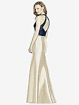 Rear View Thumbnail - Champagne & Midnight Navy Studio Design Collection 4514 Full Length Halter V-Neck Bridesmaid Dress
