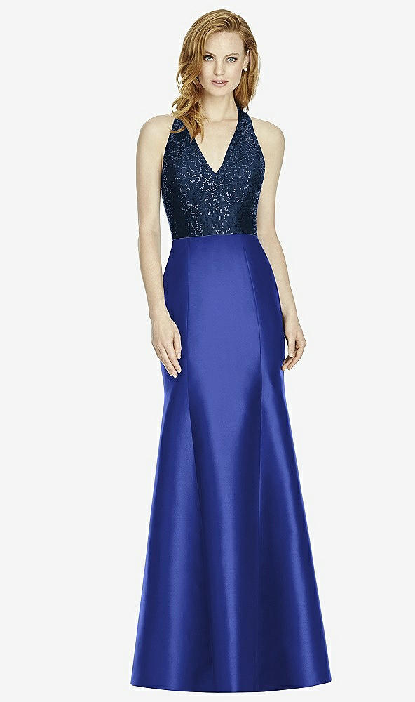 Front View - Cobalt Blue & Midnight Navy Studio Design Collection 4514 Full Length Halter V-Neck Bridesmaid Dress