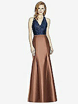 Front View Thumbnail - Cognac & Midnight Navy Studio Design Collection 4514 Full Length Halter V-Neck Bridesmaid Dress