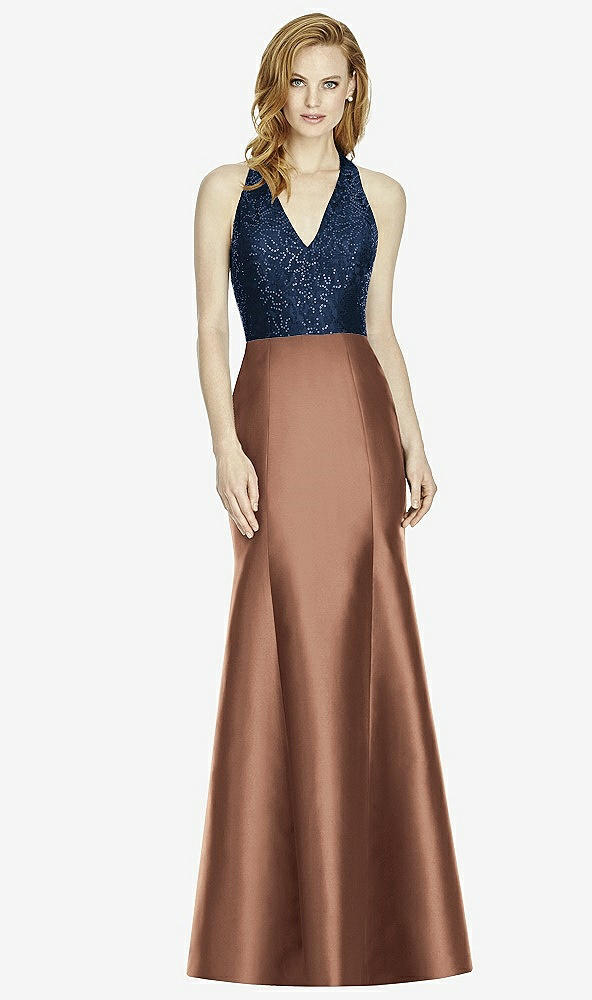 Front View - Cognac & Midnight Navy Studio Design Collection 4514 Full Length Halter V-Neck Bridesmaid Dress