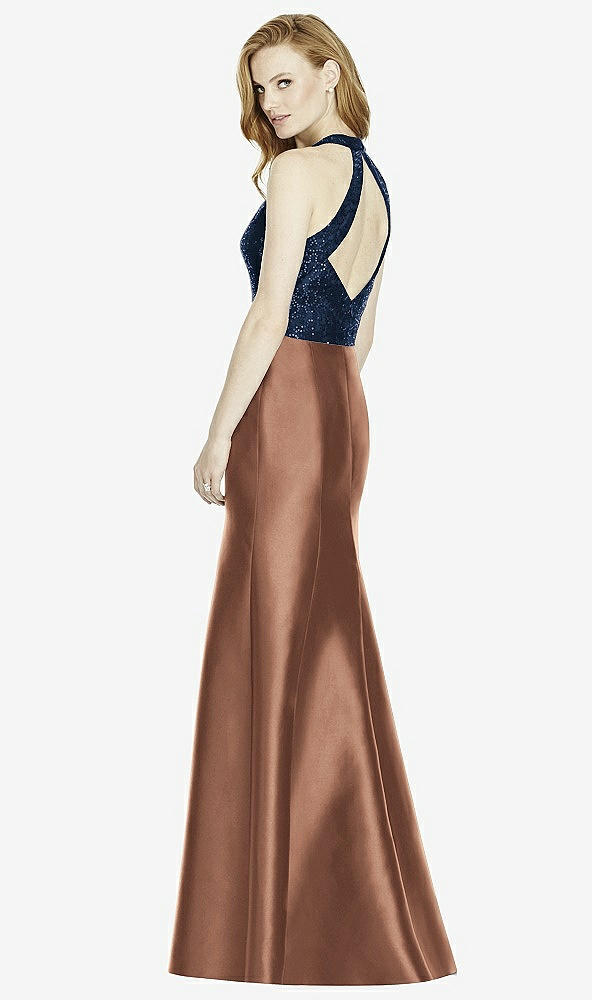 Back View - Cognac & Midnight Navy Studio Design Collection 4514 Full Length Halter V-Neck Bridesmaid Dress