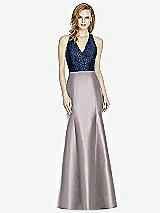 Front View Thumbnail - Cashmere Gray & Midnight Navy Studio Design Collection 4514 Full Length Halter V-Neck Bridesmaid Dress