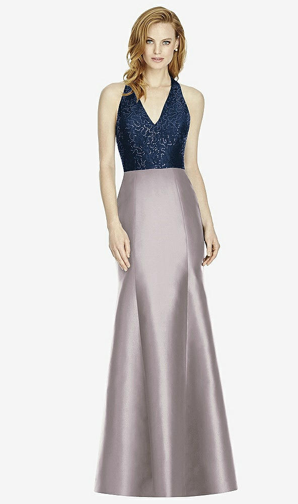 Front View - Cashmere Gray & Midnight Navy Studio Design Collection 4514 Full Length Halter V-Neck Bridesmaid Dress