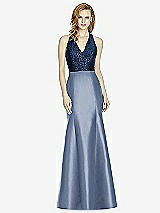 Front View Thumbnail - Larkspur Blue & Midnight Navy Studio Design Collection 4514 Full Length Halter V-Neck Bridesmaid Dress