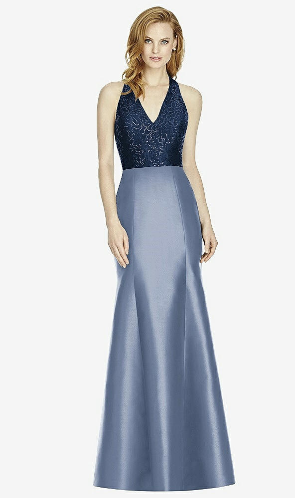 Front View - Larkspur Blue & Midnight Navy Studio Design Collection 4514 Full Length Halter V-Neck Bridesmaid Dress