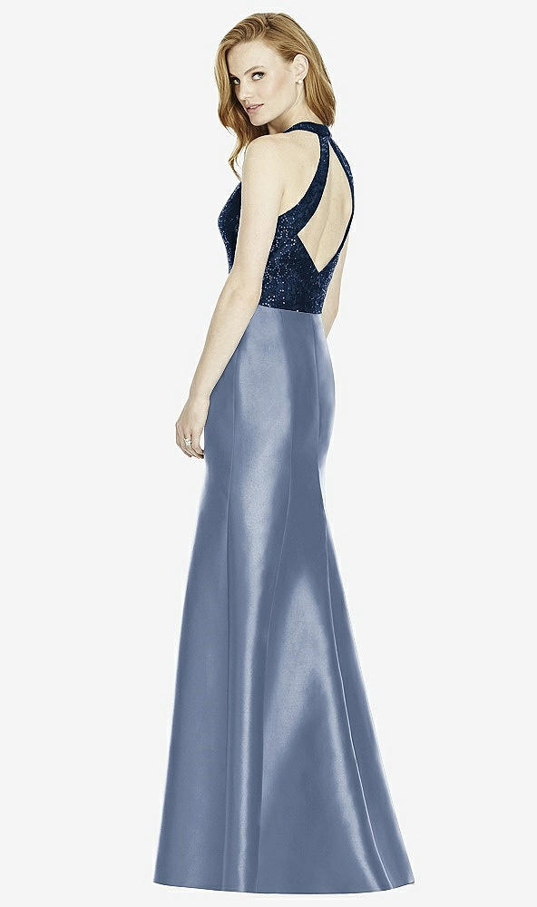 Back View - Larkspur Blue & Midnight Navy Studio Design Collection 4514 Full Length Halter V-Neck Bridesmaid Dress
