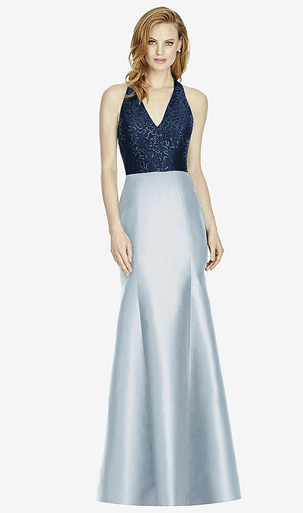Front View - Mist & Midnight Navy Studio Design Collection 4514 Full Length Halter V-Neck Bridesmaid Dress