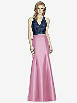 Front View Thumbnail - Powder Pink & Midnight Navy Studio Design Collection 4514 Full Length Halter V-Neck Bridesmaid Dress