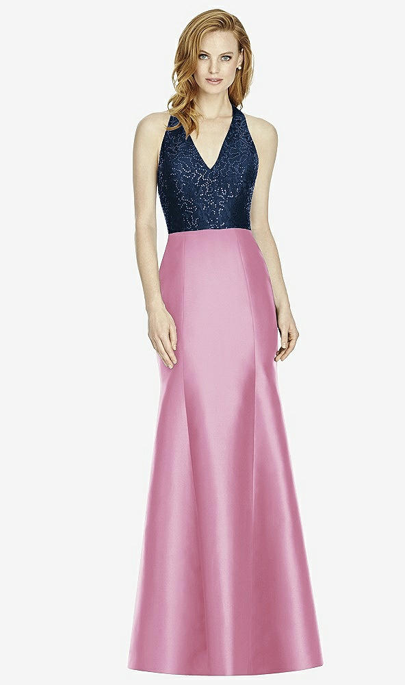 Front View - Powder Pink & Midnight Navy Studio Design Collection 4514 Full Length Halter V-Neck Bridesmaid Dress