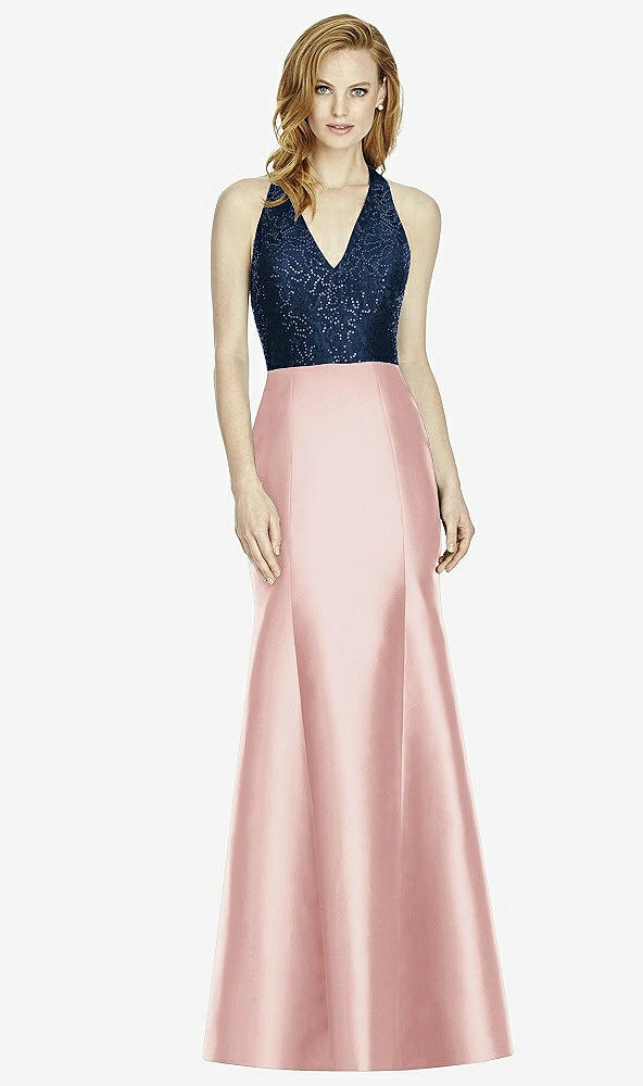 Front View - Rose & Midnight Navy Studio Design Collection 4514 Full Length Halter V-Neck Bridesmaid Dress