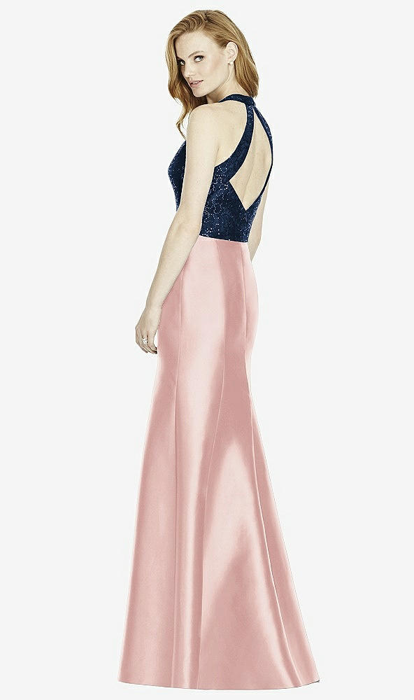 Back View - Rose & Midnight Navy Studio Design Collection 4514 Full Length Halter V-Neck Bridesmaid Dress