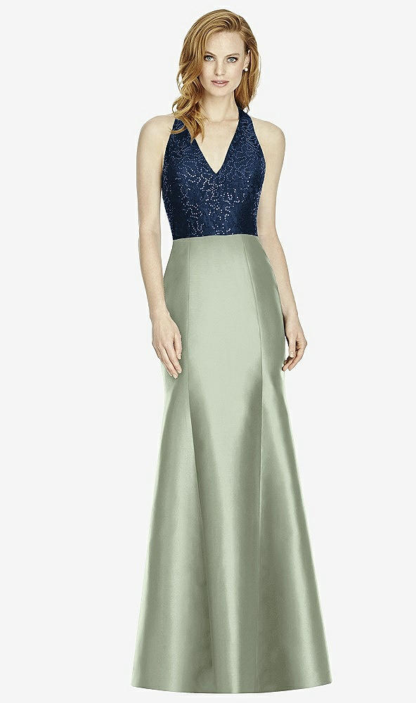 Front View - Sage & Midnight Navy Studio Design Collection 4514 Full Length Halter V-Neck Bridesmaid Dress