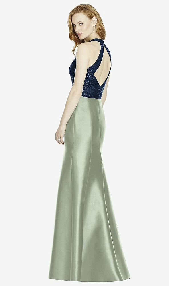 Back View - Sage & Midnight Navy Studio Design Collection 4514 Full Length Halter V-Neck Bridesmaid Dress