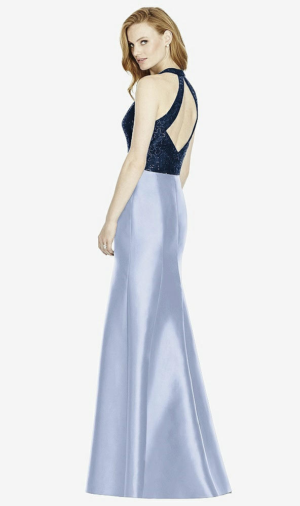 Back View - Sky Blue & Midnight Navy Studio Design Collection 4514 Full Length Halter V-Neck Bridesmaid Dress