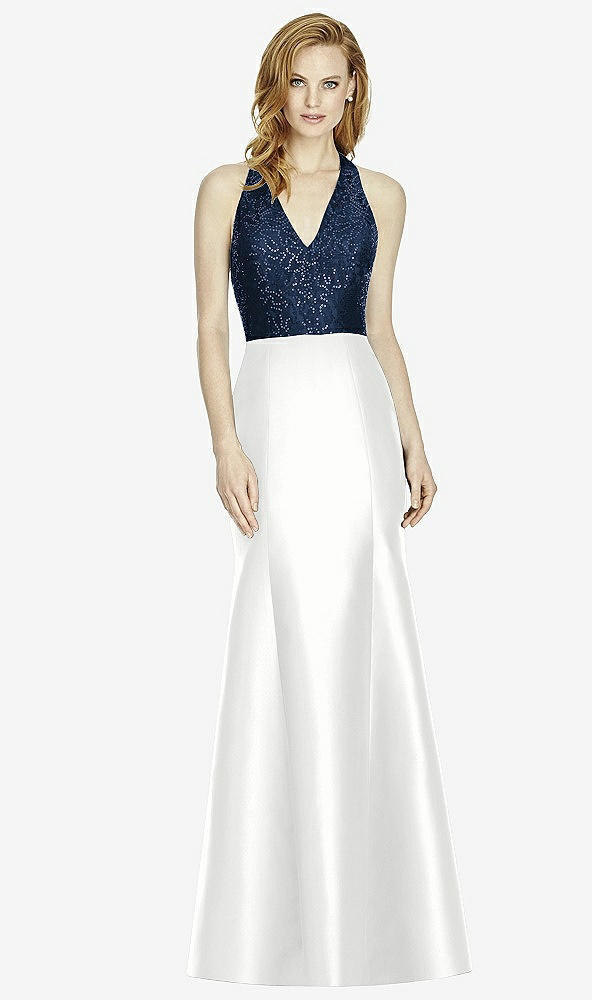 Front View - White & Midnight Navy Studio Design Collection 4514 Full Length Halter V-Neck Bridesmaid Dress