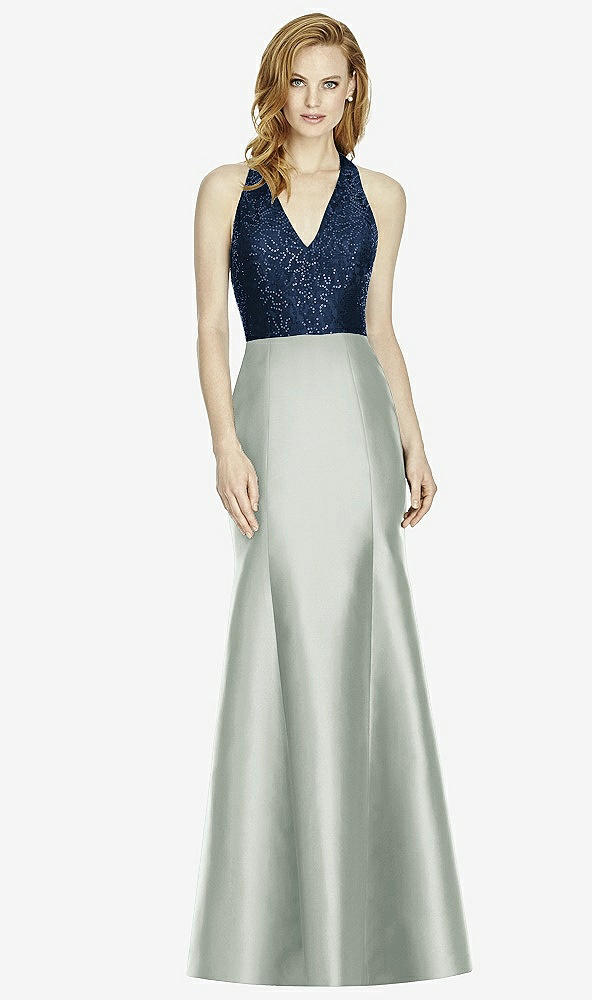 Front View - Willow Green & Midnight Navy Studio Design Collection 4514 Full Length Halter V-Neck Bridesmaid Dress
