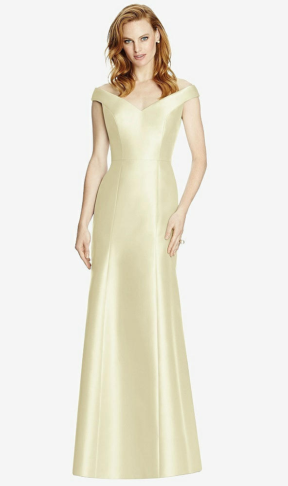Front View - Butter Yellow Off-the-Shoulder V-Neck Satin Trumpet Gown