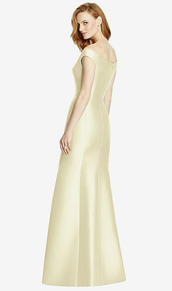 Back View - Butter Yellow Off-the-Shoulder V-Neck Satin Trumpet Gown