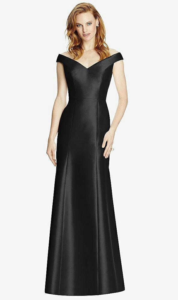 Front View - Black Off-the-Shoulder V-Neck Satin Trumpet Gown