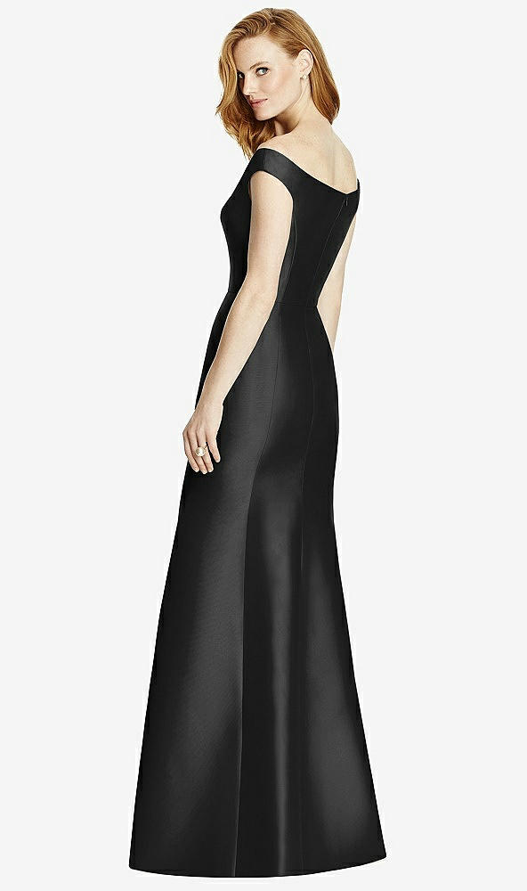 Back View - Black Off-the-Shoulder V-Neck Satin Trumpet Gown