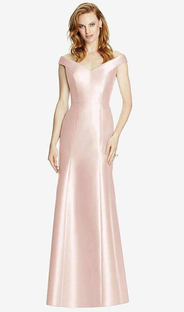 Front View - Blush Off-the-Shoulder V-Neck Satin Trumpet Gown