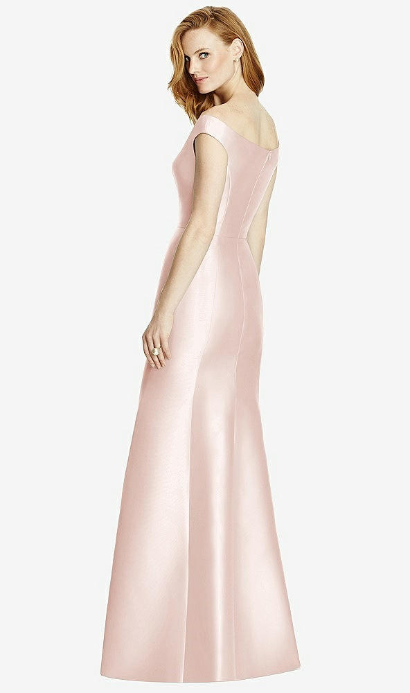 Back View - Blush Off-the-Shoulder V-Neck Satin Trumpet Gown