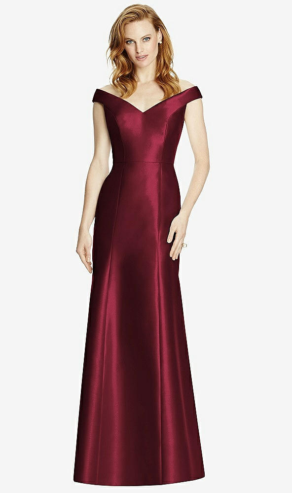 Front View - Cabernet Off-the-Shoulder V-Neck Satin Trumpet Gown