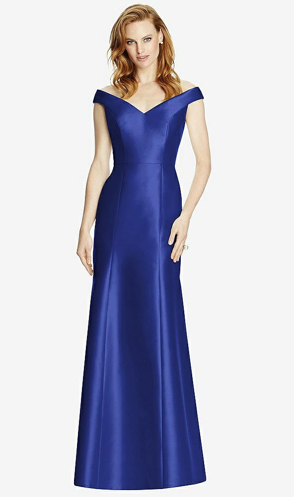 Front View - Cobalt Blue Off-the-Shoulder V-Neck Satin Trumpet Gown