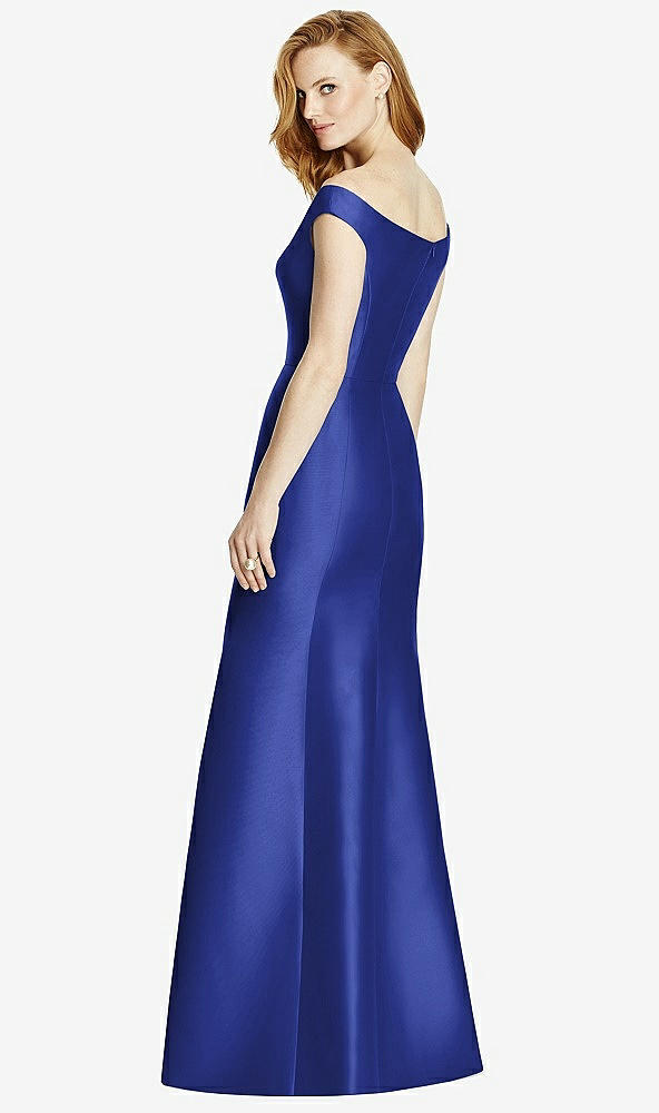 Back View - Cobalt Blue Off-the-Shoulder V-Neck Satin Trumpet Gown