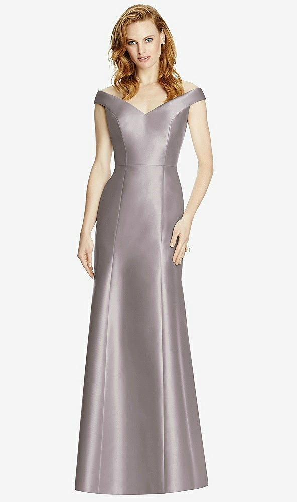 Front View - Cashmere Gray Off-the-Shoulder V-Neck Satin Trumpet Gown
