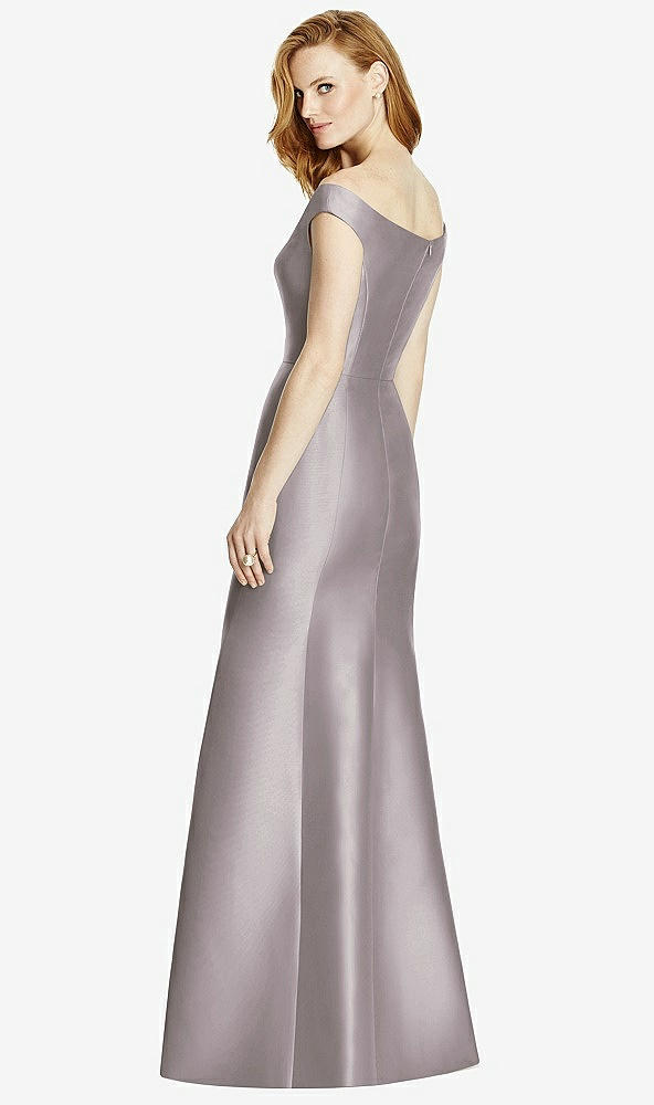 Back View - Cashmere Gray Off-the-Shoulder V-Neck Satin Trumpet Gown