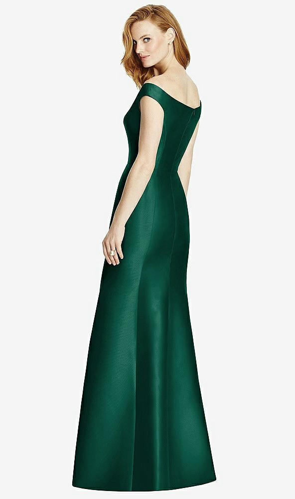 Back View - Hunter Green Off-the-Shoulder V-Neck Satin Trumpet Gown