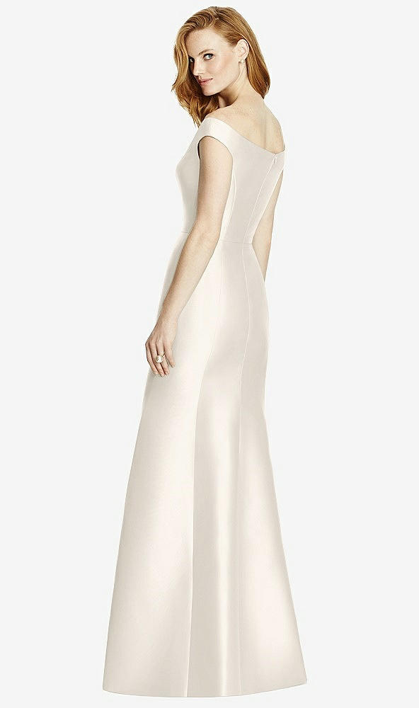 Back View - Ivory Off-the-Shoulder V-Neck Satin Trumpet Gown