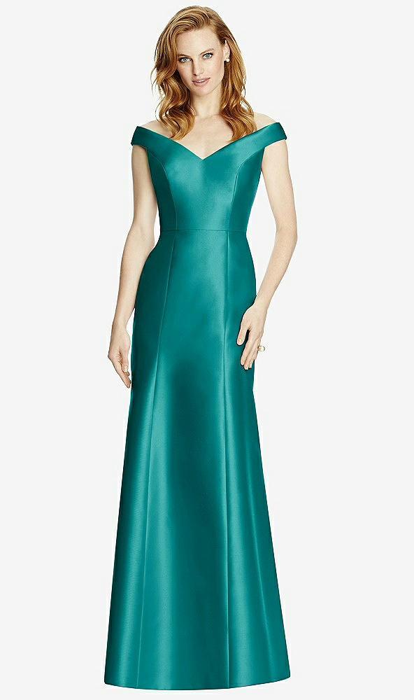 Front View - Jade Off-the-Shoulder V-Neck Satin Trumpet Gown