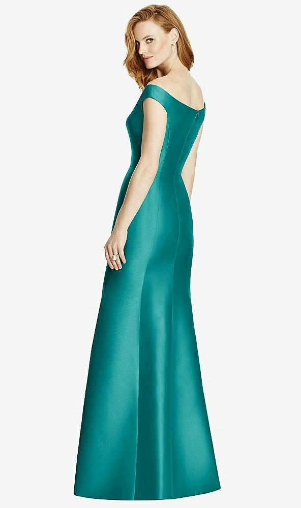 Back View - Jade Off-the-Shoulder V-Neck Satin Trumpet Gown