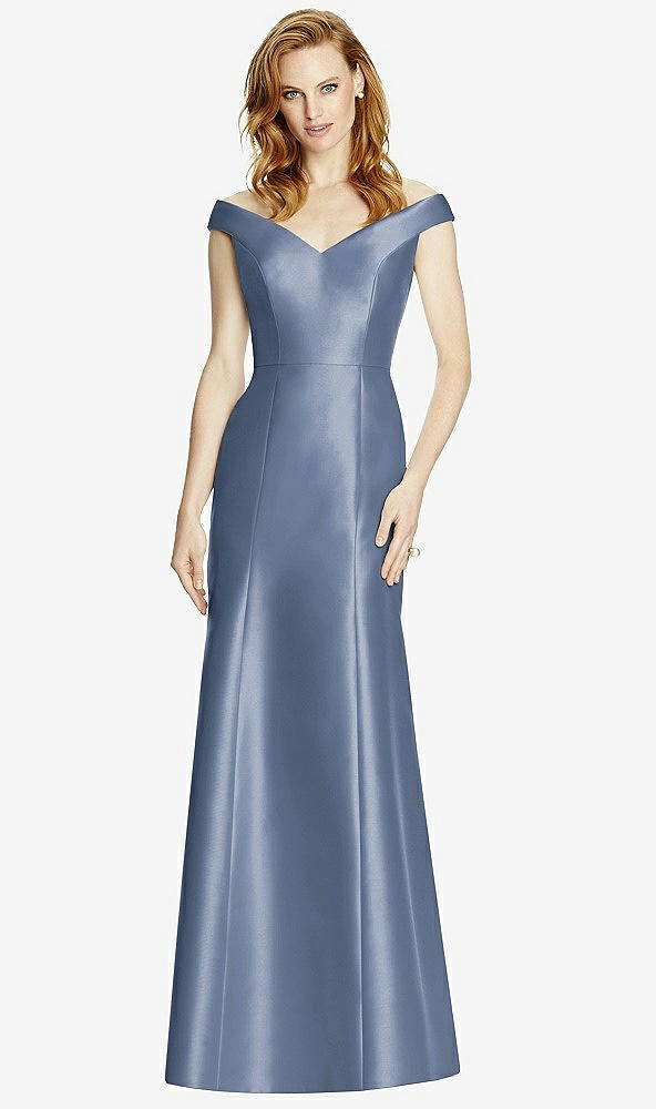 Front View - Larkspur Blue Off-the-Shoulder V-Neck Satin Trumpet Gown