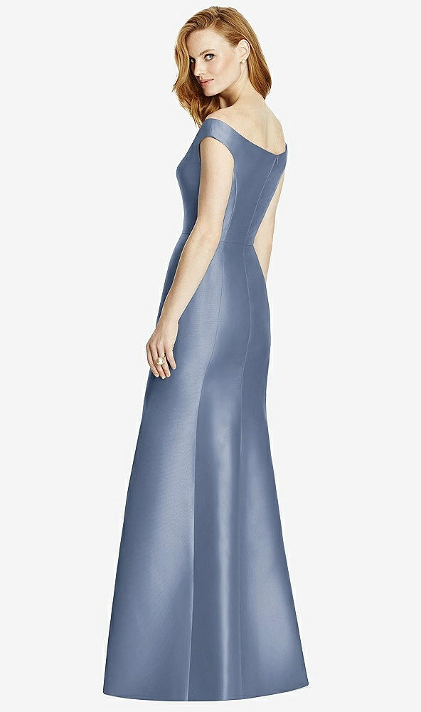 Back View - Larkspur Blue Off-the-Shoulder V-Neck Satin Trumpet Gown